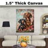 Charming Dachshund Couple with Flowers and Hearts Romantic Dog Artwork for Pet Lovers and Elegant Home Decor on Ready to Hang 1.5" Thick Canvas Wrap, Floating Framed Canvas, Flat Rolled Canvas