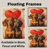 Dachshund Couple with Red Heart Romantic Dog Artwork for Pet Lovers and Cozy Rustic Home Decor on Ready to Hang 1.5" Thick Canvas Wrap, Floating Framed Canvas, Flat Rolled Canvas