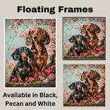 Charming Dachshund Couple with Flowers and Hearts Romantic Dog Artwork for Pet Lovers and Elegant Home Decor on Ready to Hang 1.5" Thick Canvas Wrap, Floating Framed Canvas, Flat Rolled Canvas