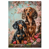 Charming Dachshund Couple with Flowers and Hearts Romantic Dog Artwork for Pet Lovers and Elegant Home Decor on Ready to Hang 1.5" Thick Canvas Wrap, Floating Framed Canvas, Flat Rolled Canvas