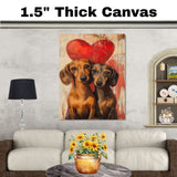Dachshund Couple with Red Heart Romantic Dog Artwork for Pet Lovers and Cozy Rustic Home Decor on Ready to Hang 1.5" Thick Canvas Wrap, Floating Framed Canvas, Flat Rolled Canvas
