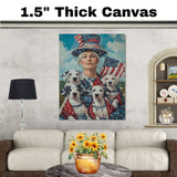 Woman in Patriotic Attire with Four Dalmatian Puppies and American Flag on Ready to Hang 1.5" Thick Canvas Wrap, Floating Framed Canvas, Flat Rolled Canvas