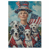 Woman in Patriotic Attire with Four Dalmatian Puppies and American Flag on Ready to Hang 1.5" Thick Canvas Wrap, Floating Framed Canvas, Flat Rolled Canvas
