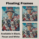 Woman in Patriotic Attire with Four Dalmatian Puppies and American Flag on Ready to Hang 1.5" Thick Canvas Wrap, Floating Framed Canvas, Flat Rolled Canvas