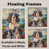 Mother English Springer Spaniel with Three Puppies in Patriotic Outfits and Hats on Ready to Hang 1.5" Thick Canvas Wrap, Floating Framed Canvas, Flat Rolled Canvas