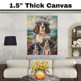 Mother English Springer Spaniel with Three Puppies in Patriotic Outfits and Hats on Ready to Hang 1.5" Thick Canvas Wrap, Floating Framed Canvas, Flat Rolled Canvas