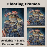 Mother Frog Holding Three Baby Frogs Dressed in Patriotic Outfits and Flag Hat for Independence Day on Ready to Hang 1.5" Thick Canvas Wrap, Floating Framed Canvas, Flat Rolled Canvas