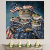Mother Frog Holding Three Baby Frogs Dressed in Patriotic Outfits and Flag Hat for Independence Day on Ready to Hang 1.5" Thick Canvas Wrap, Floating Framed Canvas, Flat Rolled Canvas