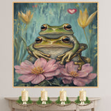 Frog Couple with Pink Flowers Whimsical Nature Artwork for Animal Lovers and Cozy Rustic Decor on Ready to Hang 1.5" Thick Canvas Wrap, Floating Framed Canvas, Flat Rolled Canvas