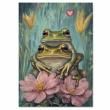 Frog Couple with Pink Flowers Whimsical Nature Artwork for Animal Lovers and Cozy Rustic Decor on Ready to Hang 1.5" Thick Canvas Wrap, Floating Framed Canvas, Flat Rolled Canvas