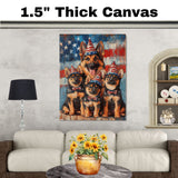 Mother German Shepherd with Three Puppies in Patriotic Outfits and Party Hats on American Flag Background on Ready to Hang 1.5" Thick Canvas Wrap, Floating Framed Canvas, Flat Rolled Canvas