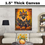 German Shepherd Dog Halloween Canvas Wall Art with Pumpkin and Witch Hat Rustic Fall Accent for Cozy Autumn Homes on Ready to Hang 1.5" Thick Canvas Wrap, Floating Framed Canvas, Flat Rolled Canvas
