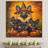 German Shepherd Dog Halloween Canvas Wall Art with Pumpkin and Witch Hat Rustic Fall Accent for Cozy Autumn Homes on Ready to Hang 1.5" Thick Canvas Wrap, Floating Framed Canvas, Flat Rolled Canvas