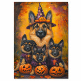 German Shepherd Dog Halloween Canvas Wall Art with Pumpkin and Witch Hat Rustic Fall Accent for Cozy Autumn Homes on Ready to Hang 1.5" Thick Canvas Wrap, Floating Framed Canvas, Flat Rolled Canvas