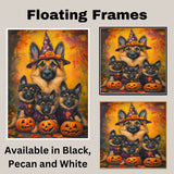 German Shepherd Dog Halloween Canvas Wall Art with Pumpkin and Witch Hat Rustic Fall Accent for Cozy Autumn Homes on Ready to Hang 1.5" Thick Canvas Wrap, Floating Framed Canvas, Flat Rolled Canvas