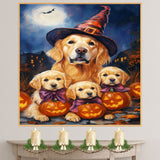 Golden Retriever Halloween Canvas Wall Art with Pumpkins Witch Hats and Fall Leaves Rustic Autumn Decoration for Living Room on Ready to Hang 1.5" Thick Canvas Wrap, Floating Framed Canvas, Flat Rolled Canvas