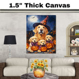 Golden Retriever Halloween Canvas Wall Art with Pumpkins Witch Hats and Fall Leaves Rustic Autumn Decoration for Living Room on Ready to Hang 1.5" Thick Canvas Wrap, Floating Framed Canvas, Flat Rolled Canvas