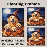 Golden Retriever Halloween Canvas Wall Art with Pumpkins Witch Hats and Fall Leaves Rustic Autumn Decoration for Living Room on Ready to Hang 1.5" Thick Canvas Wrap, Floating Framed Canvas, Flat Rolled Canvas