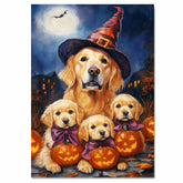 Golden Retriever Halloween Canvas Wall Art with Pumpkins Witch Hats and Fall Leaves Rustic Autumn Decoration for Living Room on Ready to Hang 1.5" Thick Canvas Wrap, Floating Framed Canvas, Flat Rolled Canvas