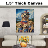 Mother Golden Retriever with Three Puppies in Patriotic Outfits and Hats in a Scenic Mountain Landscape on Ready to Hang 1.5" Thick Canvas Wrap, Floating Framed Canvas, Flat Rolled Canvas