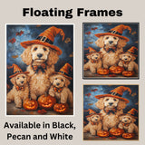 Goldendoodle Halloween Wall Art Rustic Fall Canvas with Glowing Pumpkin Forest Scene and Maple Leaves Farmhouse Decor for Dog Lovers on Ready to Hang 1.5" Thick Canvas Wrap, Floating Framed Canvas, Flat Rolled Canvas