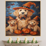 Goldendoodle Halloween Wall Art Rustic Fall Canvas with Glowing Pumpkin Forest Scene and Maple Leaves Farmhouse Decor for Dog Lovers on Ready to Hang 1.5" Thick Canvas Wrap, Floating Framed Canvas, Flat Rolled Canvas