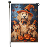 Goldendoodle Dog Witch Hat Pumpkin Garden Flag for Halloween Yard Decor Holiday Seasonal Outdoor Banner Lawn Fall Decoration Maple Leaf Yard Pathway Flag