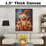 Goldendoodle Halloween Wall Art Rustic Fall Canvas with Glowing Pumpkin Forest Scene and Maple Leaves Farmhouse Decor for Dog Lovers on Ready to Hang 1.5" Thick Canvas Wrap, Floating Framed Canvas, Flat Rolled Canvas