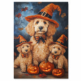 Goldendoodle Halloween Wall Art Rustic Fall Canvas with Glowing Pumpkin Forest Scene and Maple Leaves Farmhouse Decor for Dog Lovers on Ready to Hang 1.5" Thick Canvas Wrap, Floating Framed Canvas, Flat Rolled Canvas