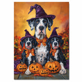 Great Dane Dog Halloween Canvas Wall Art with Pumpkins and Witch Hats Rustic Fall Farmhouse Decor on Ready to Hang 1.5" Thick Canvas Wrap, Floating Framed Canvas, Flat Rolled Canvas
