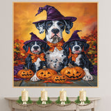 Great Dane Dog Halloween Canvas Wall Art with Pumpkins and Witch Hats Rustic Fall Farmhouse Decor on Ready to Hang 1.5" Thick Canvas Wrap, Floating Framed Canvas, Flat Rolled Canvas