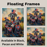 Mother Great Dane with Three Puppies Wearing Patriotic Hats and Bandanas by a Pond at Sunset in a Whimsical Celebration on Ready to Hang 1.5" Thick Canvas Wrap, Floating Framed Canvas, Flat Rolled Canvas