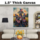 Mother Great Dane with Three Puppies Wearing Patriotic Hats and Bandanas by a Pond at Sunset in a Whimsical Celebration on Ready to Hang 1.5" Thick Canvas Wrap, Floating Framed Canvas, Flat Rolled Canvas