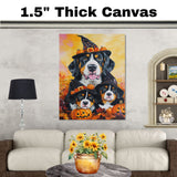 Greater Swiss Mountain Dog Halloween Canvas Wall Art with Pumpkins and Witch Hats Rustic Fall Farmhouse Decor on Ready to Hang 1.5" Thick Canvas Wrap, Floating Framed Canvas, Flat Rolled Canvas