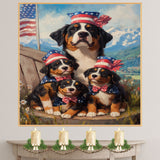 Mother Greater Swiss Mountain Dog and Three Puppies Wearing Patriotic Hats and Bows with American Flag and Mountain Backdrop on Ready to Hang 1.5" Thick Canvas Wrap, Floating Framed Canvas, Flat Rolled Canvas