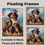 Mother Greater Swiss Mountain Dog and Three Puppies Wearing Patriotic Hats and Bows with American Flag and Mountain Backdrop on Ready to Hang 1.5" Thick Canvas Wrap, Floating Framed Canvas, Flat Rolled Canvas