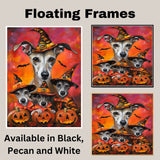 Greyhound Dog Halloween Canvas Wall Art with Pumpkins and Witch Hat Rustic Fall Farmhouse Decor on Ready to Hang 1.5" Thick Canvas Wrap, Floating Framed Canvas, Flat Rolled Canvas