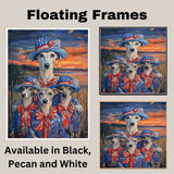 Mother Greyhound Dog and Three Puppies Wearing Patriotic Outfits and Hats with Sunset and Field Background on Ready to Hang 1.5" Thick Canvas Wrap, Floating Framed Canvas, Flat Rolled Canvas