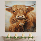 Highland Cow and Calf with Hearts Rustic Farm Animal Artwork for Country Home Decor and Animal Lovers on Ready to Hang 1.5" Thick Canvas Wrap, Floating Framed Canvas, Flat Rolled Canvas