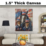 Mother Horse and Three Foals in Patriotic Outfits and Hats with American Flag Theme Against Colorful Abstract Background on Ready to Hang 1.5" Thick Canvas Wrap, Floating Framed Canvas, Flat Rolled Canvas