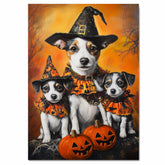 Jack Russell Dog Halloween Canvas Wall Art with Pumpkins and Witch Hats Rustic Fall Farmhouse Decor on Ready to Hang 1.5" Thick Canvas Wrap, Floating Framed Canvas, Flat Rolled Canvas