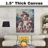 Mother Jack Russell and Three Puppies Wearing Patriotic Outfits and Hats in a Colorful Outdoor American Flag Themed Setting on Ready to Hang 1.5" Thick Canvas Wrap, Floating Framed Canvas, Flat Rolled Canvas