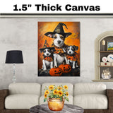 Jack Russell Dog Halloween Canvas Wall Art with Pumpkins and Witch Hats Rustic Fall Farmhouse Decor on Ready to Hang 1.5" Thick Canvas Wrap, Floating Framed Canvas, Flat Rolled Canvas