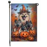 Keeshond Witch Hat Pumpkin Bat Halloween Garden Flag for Spooky Outdoor Decorations Autumn Farmhouse Garden Patio Seasonal Jack-O-Lantern Yard Decor