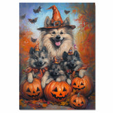 Keeshond Puppies Halloween Canvas Wall Art with Pumpkins and Witch Hats Rustic Fall Farmhouse Decor for Cozy Autumn Homes on Ready to Hang 1.5" Thick Canvas Wrap, Floating Framed Canvas, Flat Rolled Canvas