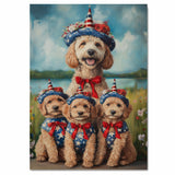 Mother Labradoodle and Three Puppies Dressed in Patriotic Outfits with Star Hats and Red Bows by a Lake and Wildflowers on Ready to Hang 1.5" Thick Canvas Wrap, Floating Framed Canvas, Flat Rolled Canvas