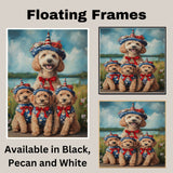 Mother Labradoodle and Three Puppies Dressed in Patriotic Outfits with Star Hats and Red Bows by a Lake and Wildflowers on Ready to Hang 1.5" Thick Canvas Wrap, Floating Framed Canvas, Flat Rolled Canvas