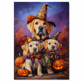 Labrador Puppies Halloween Canvas Wall Art with Pumpkins and Witch Hats Rustic Fall Farmhouse Decor on Ready to Hang 1.5" Thick Canvas Wrap, Floating Framed Canvas, Flat Rolled Canvas