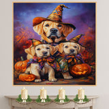 Labrador Puppies Halloween Canvas Wall Art with Pumpkins and Witch Hats Rustic Fall Farmhouse Decor on Ready to Hang 1.5" Thick Canvas Wrap, Floating Framed Canvas, Flat Rolled Canvas
