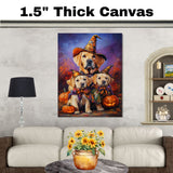 Labrador Puppies Halloween Canvas Wall Art with Pumpkins and Witch Hats Rustic Fall Farmhouse Decor on Ready to Hang 1.5" Thick Canvas Wrap, Floating Framed Canvas, Flat Rolled Canvas